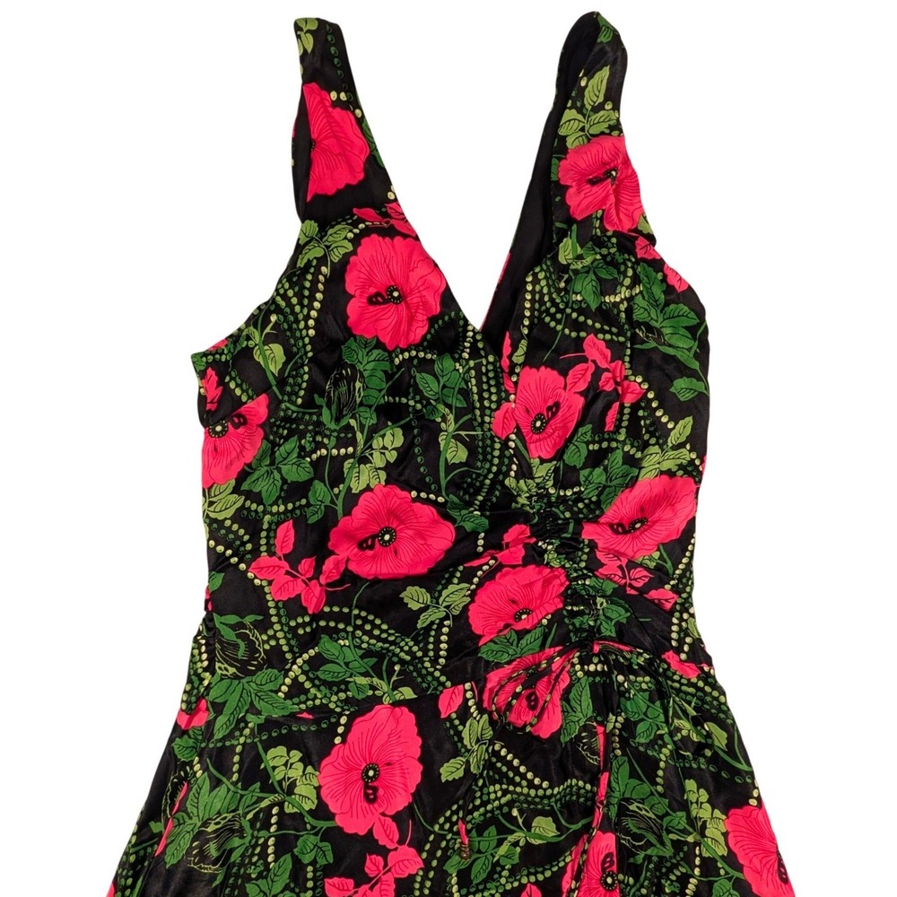 Maeve by Anthropologie Floral V-Neck Ruched Maxi Dress Black Pink Size 4 Slit - Picture 4 of 9